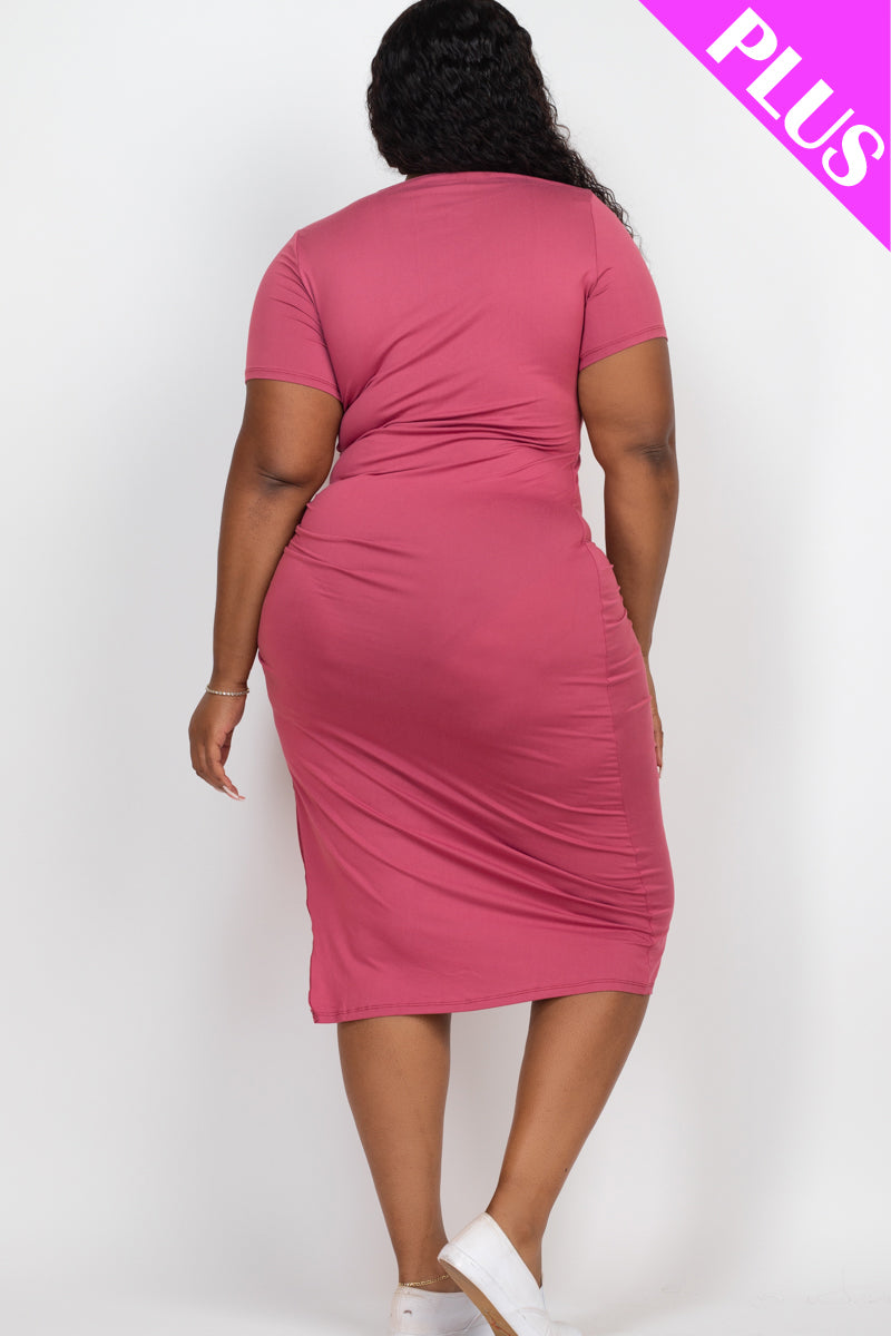 Plus Size Drawstring Ruched Side Split Hem Midi Dress - Capella Apparel Wholesale