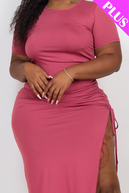 Plus Size Drawstring Ruched Side Split Hem Midi Dress - Capella Apparel Wholesale