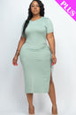 Plus Size Drawstring Ruched Side Split Hem Midi Dress - Capella Apparel Wholesale