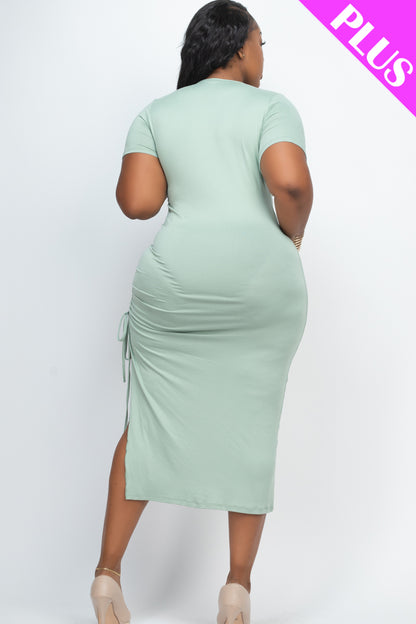 Plus Size Drawstring Ruched Side Split Hem Midi Dress - Capella Apparel Wholesale