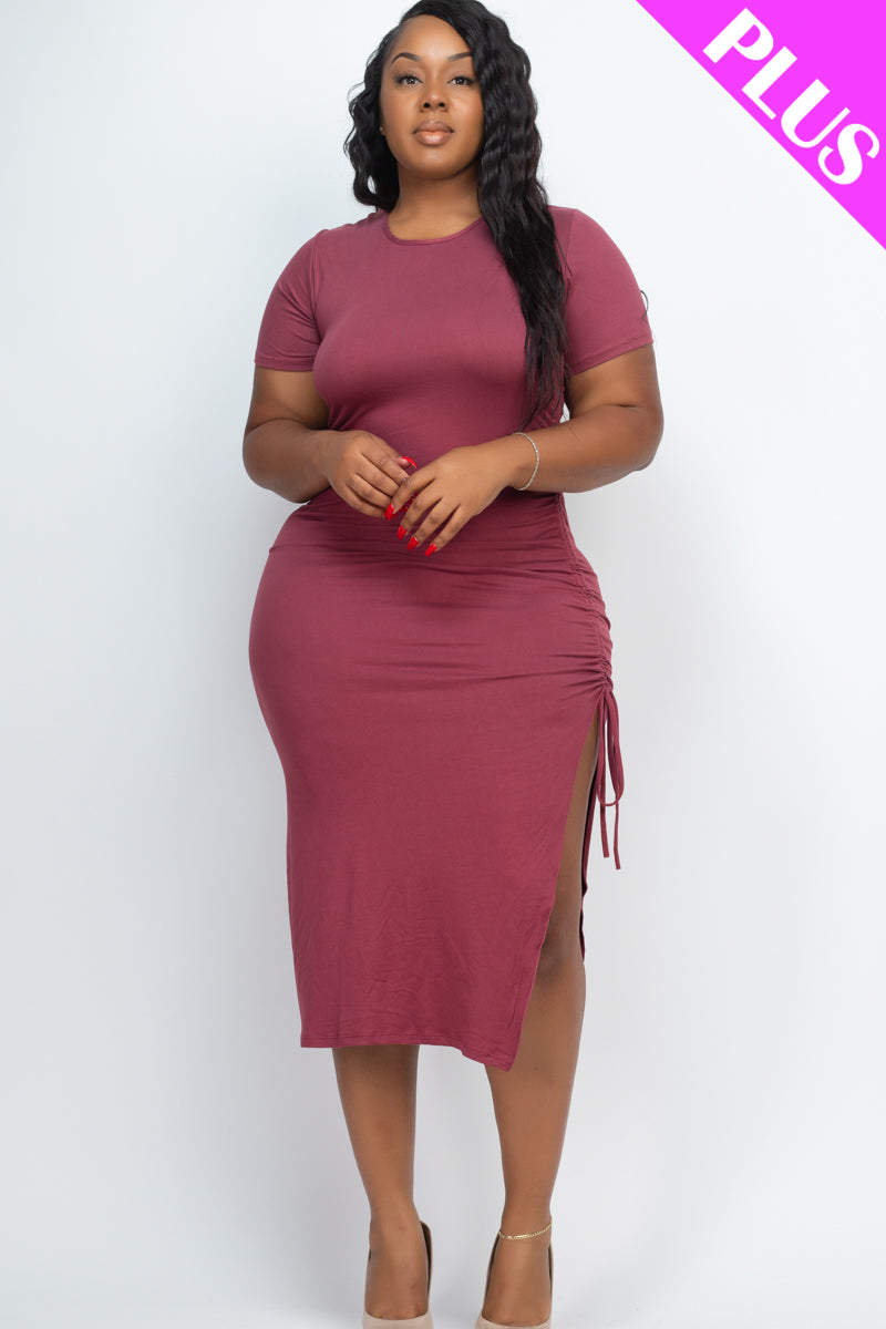 Plus Size Drawstring Ruched Side Split Hem Midi Dress - Capella Apparel Wholesale