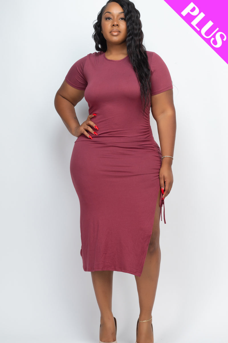 Plus Size Drawstring Ruched Side Split Hem Midi Dress - Capella Apparel Wholesale