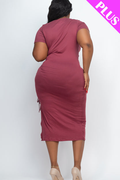 Plus Size Drawstring Ruched Side Split Hem Midi Dress - Capella Apparel Wholesale