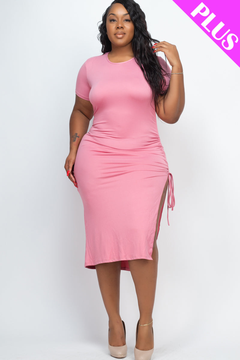 Plus Size Drawstring Ruched Side Split Hem Midi Dress (CAPELLA) - Capella Apparel