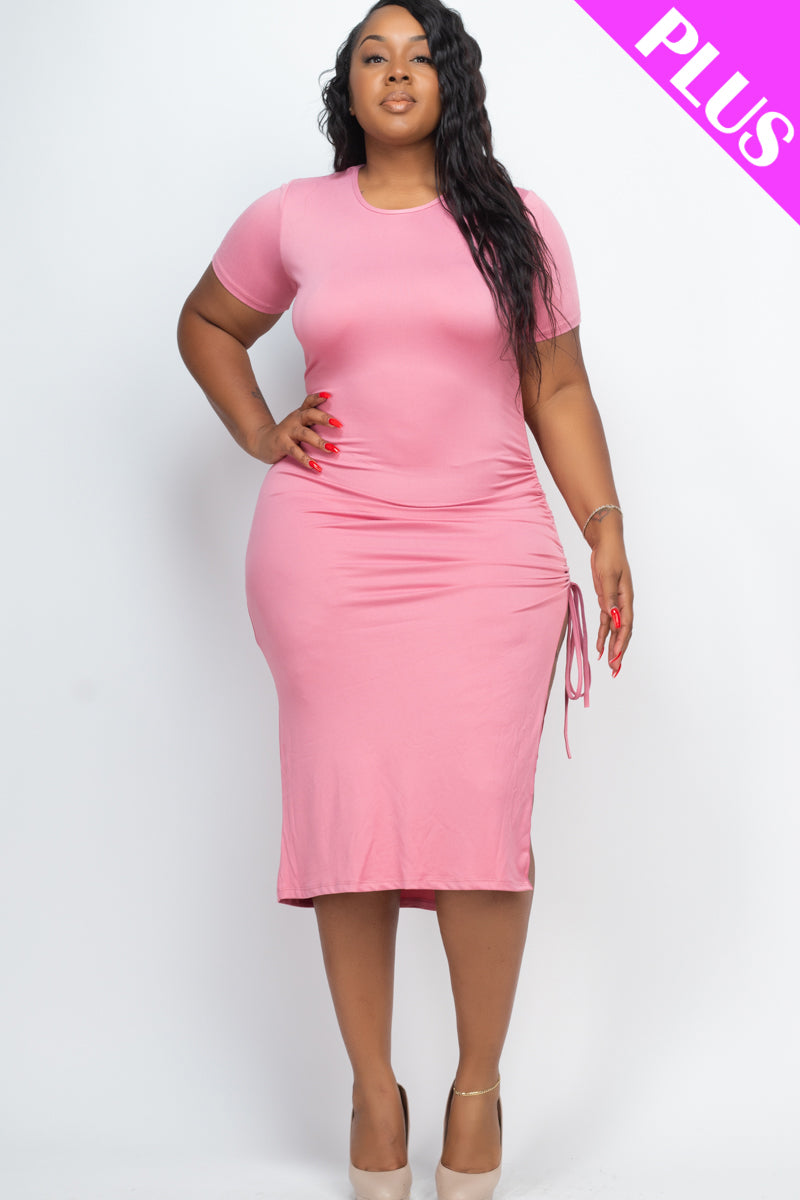 Plus Size Drawstring Ruched Side Split Hem Midi Dress - Capella Apparel Wholesale