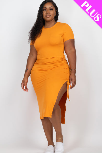 Plus Size Drawstring Ruched Side Split Hem Midi Dress - Capella Apparel Wholesale