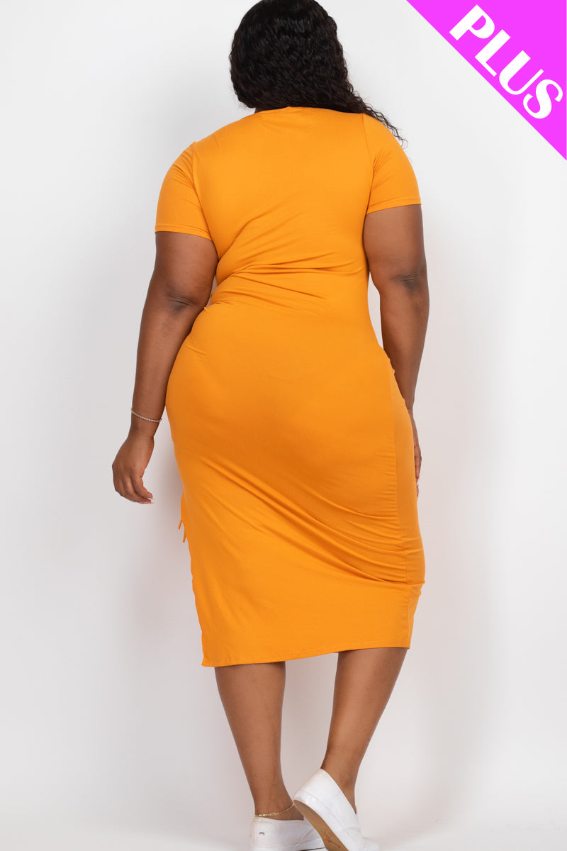 Plus Size Drawstring Ruched Side Split Hem Midi Dress - Capella Apparel Wholesale