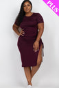 Plus Size Drawstring Ruched Side Split Hem Midi Dress - Capella Apparel Wholesale