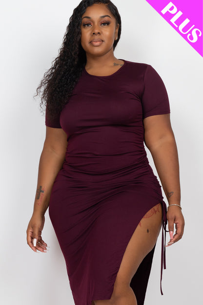 Plus Size Drawstring Ruched Side Split Hem Midi Dress - Capella Apparel Wholesale