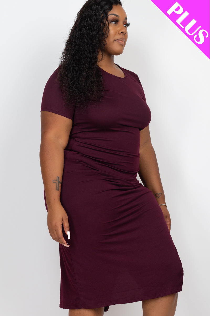 Plus Size Drawstring Ruched Side Split Hem Midi Dress - Capella Apparel Wholesale