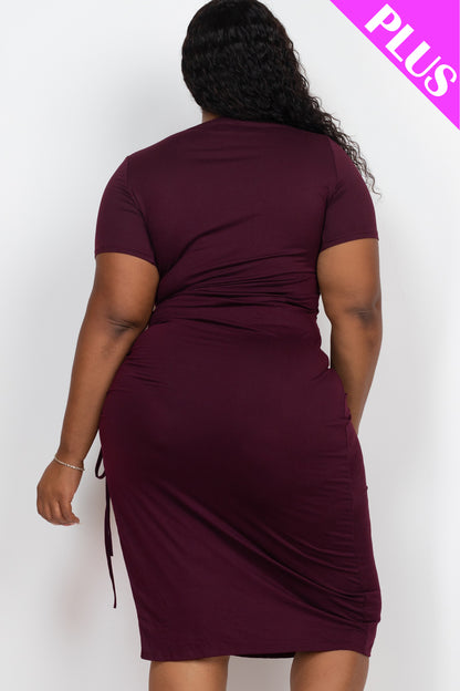 Plus Size Drawstring Ruched Side Split Hem Midi Dress - Capella Apparel Wholesale