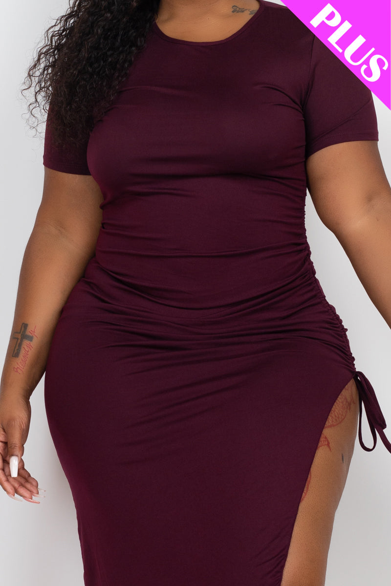 Plus Size Drawstring Ruched Side Split Hem Midi Dress - Capella Apparel Wholesale