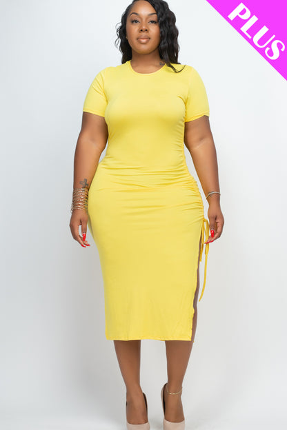 Plus Size Drawstring Ruched Side Split Hem Midi Dress - Capella Apparel Wholesale