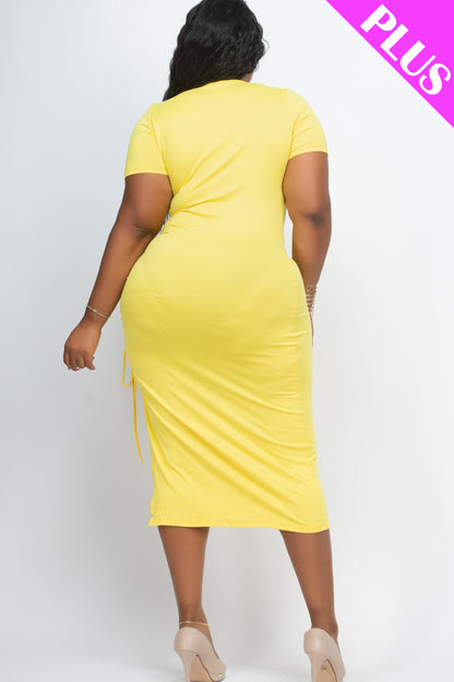 Plus Size Drawstring Ruched Side Split Hem Midi Dress - Capella Apparel Wholesale