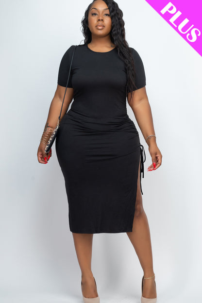 Plus Size Drawstring Ruched Side Split Hem Midi Dress - Capella Apparel Wholesale