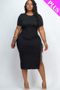 Plus Size Drawstring Ruched Side Split Hem Midi Dress - Capella Apparel Wholesale