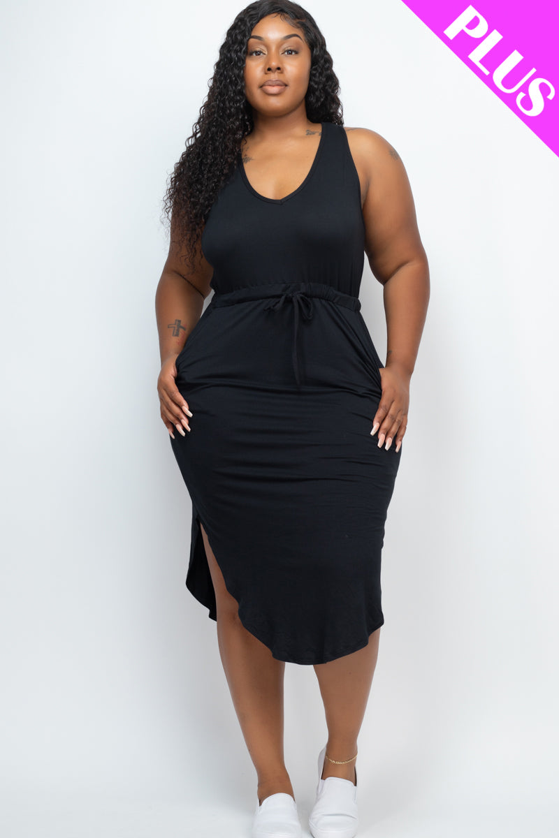 Plus Size Drawstring Sleeveless Midi Dress - Capella Apparel Wholesale