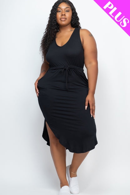 Plus Size Drawstring Sleeveless Midi Dress - Capella Apparel Wholesale