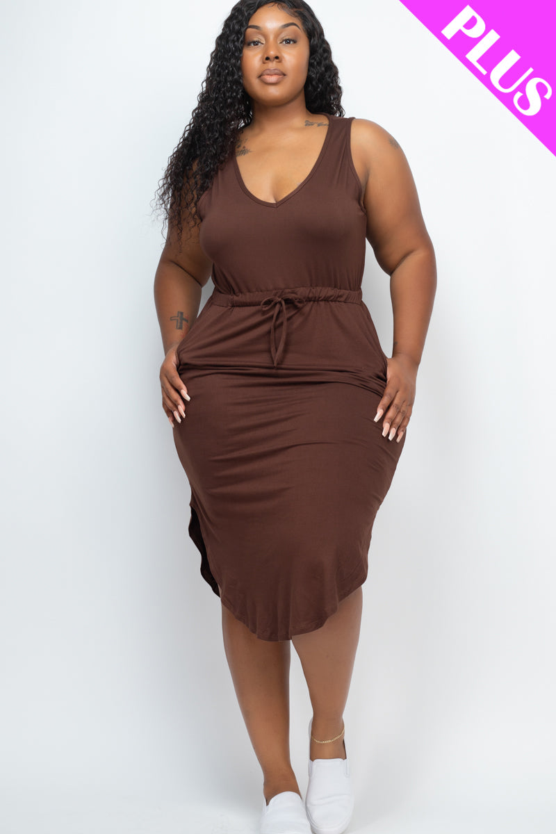 Plus Size Drawstring Sleeveless Midi Dress - Capella Apparel Wholesale