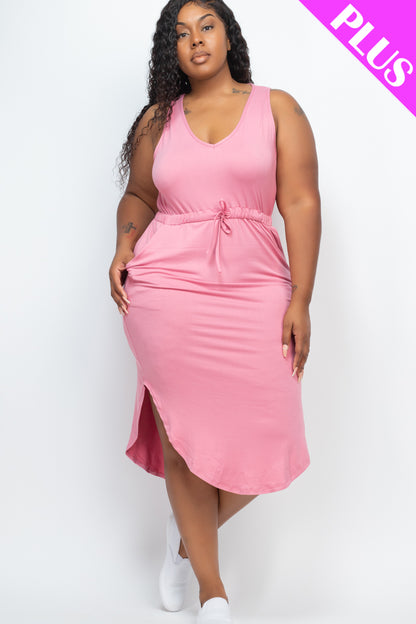 Plus Size Drawstring Sleeveless Midi Dress - Capella Apparel Wholesale