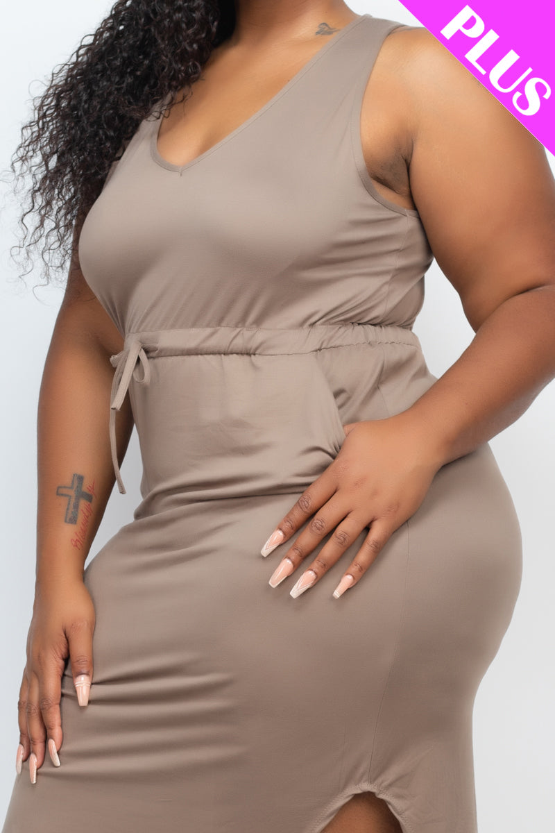 Plus Size Drawstring Sleeveless Midi Dress - Capella Apparel Wholesale