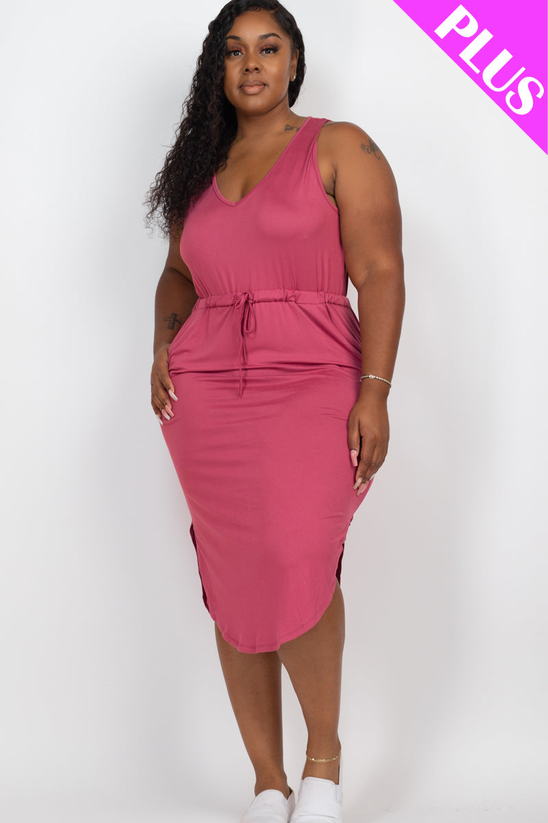 Plus Size Drawstring Sleeveless Midi Dress - Capella Apparel Wholesale