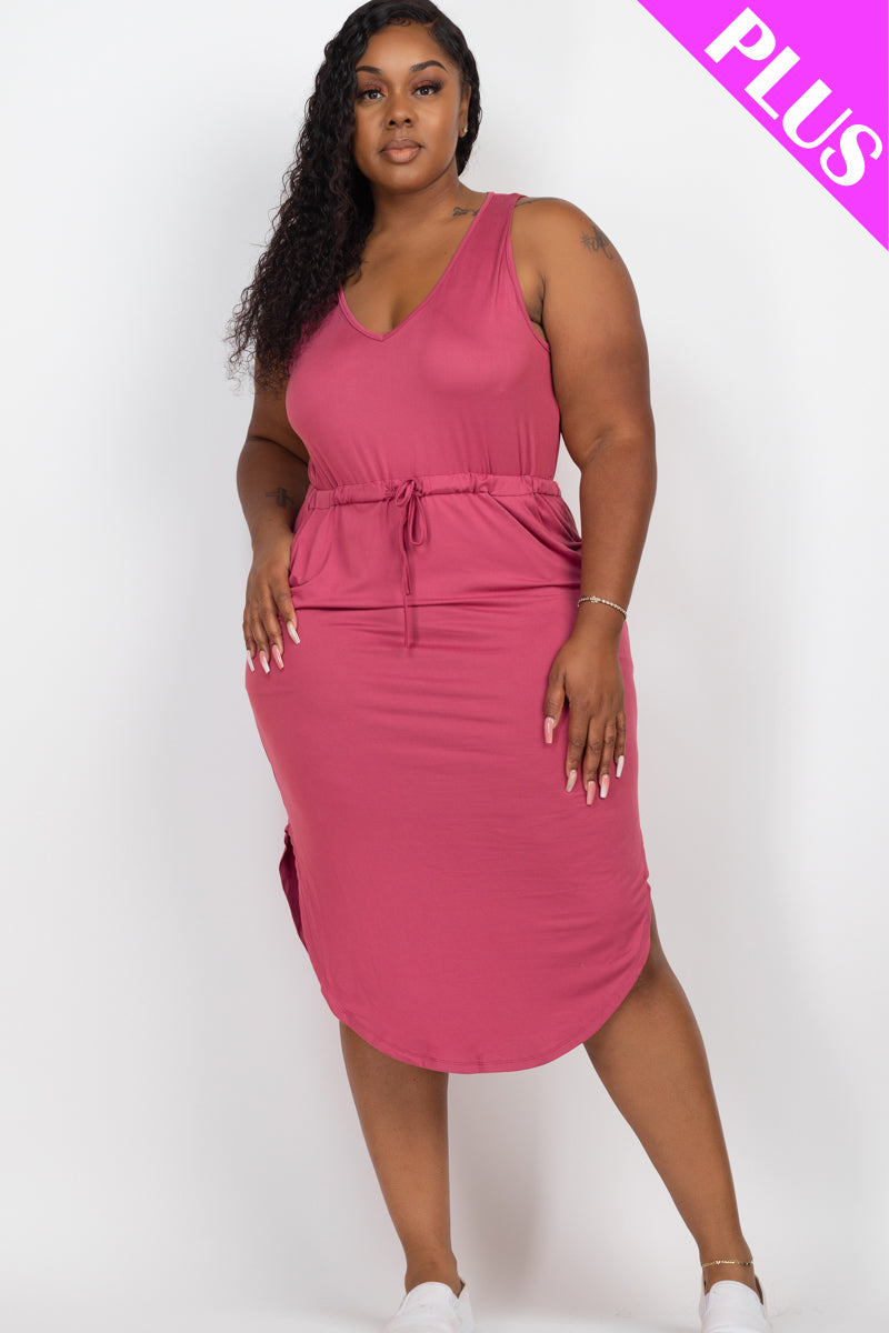 Plus Size Drawstring Sleeveless Midi Dress - Capella Apparel Wholesale
