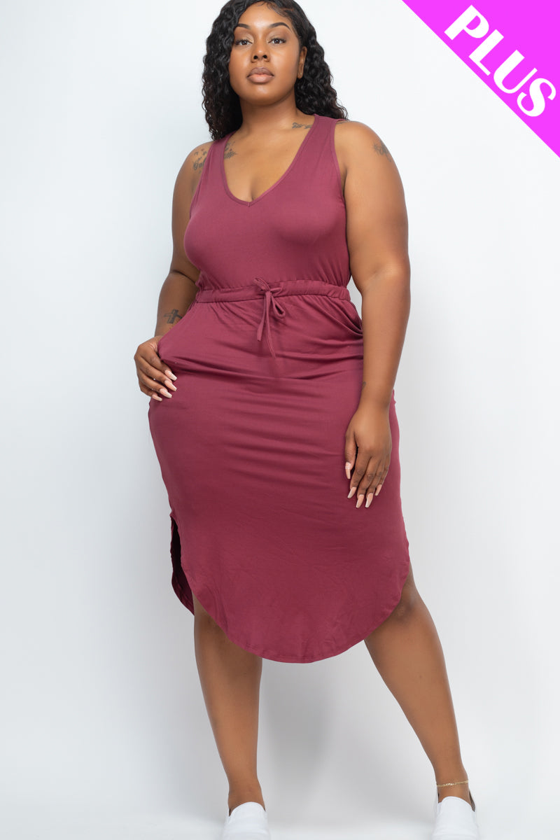 Plus Size Drawstring Sleeveless Midi Dress - Capella Apparel Wholesale