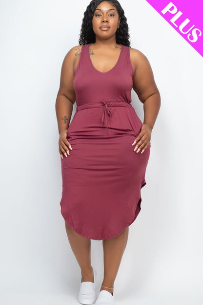 Plus Size Drawstring Sleeveless Midi Dress - Capella Apparel Wholesale
