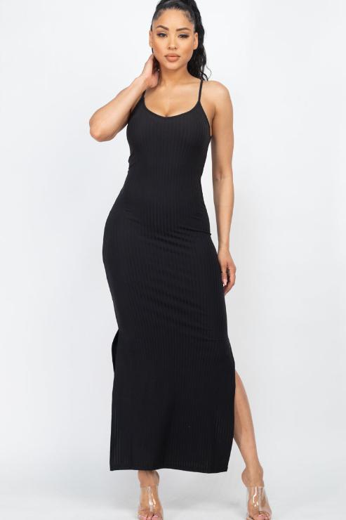 Ribbed Side Slit Long Cami Dress - Wholesale Capella Apparel