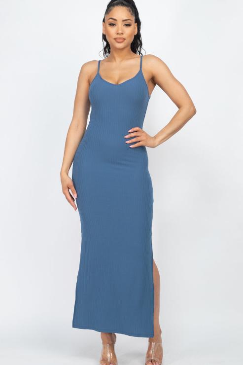 Ribbed Side Slit Long Cami Dress - Wholesale Capella Apparel