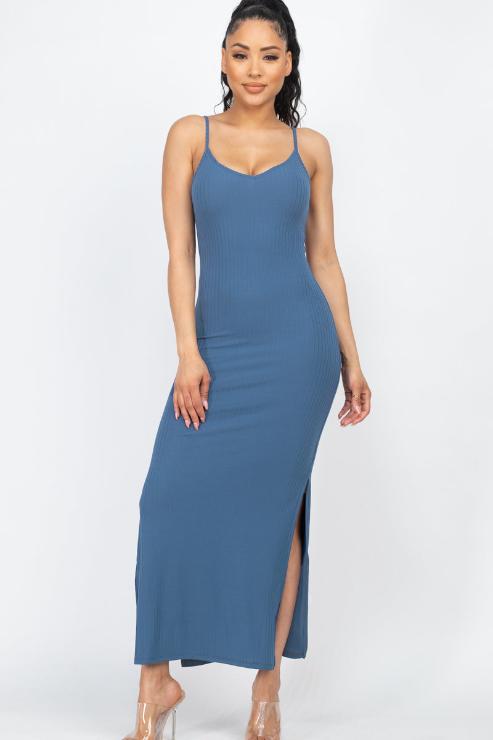 Ribbed Side Slit Long Cami Dress - Wholesale Capella Apparel