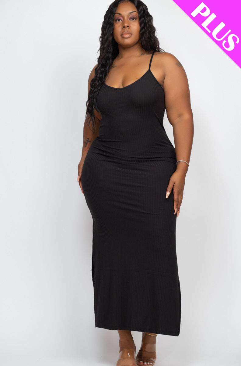 Plus Size Ribbed Side Slit Long Cami Maxi Dress - Capella Apparel Wholesale