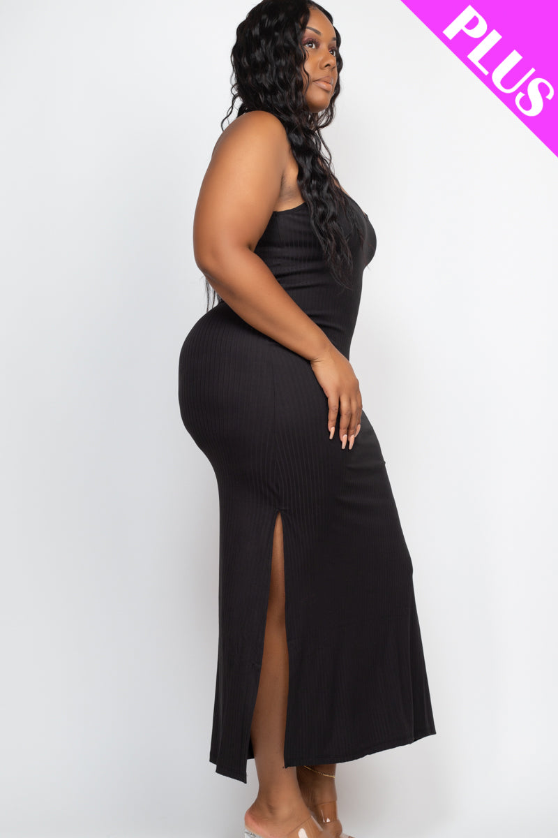 Plus Size Ribbed Side Slit Long Cami Maxi Dress - Capella Apparel Wholesale