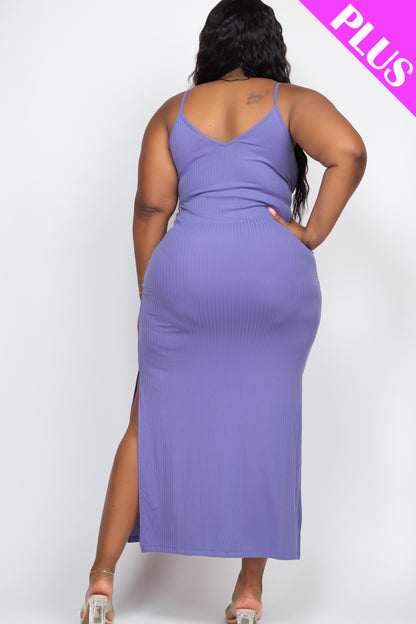 Plus Size Ribbed Side Slit Long Cami Maxi Dress - Capella Apparel Wholesale