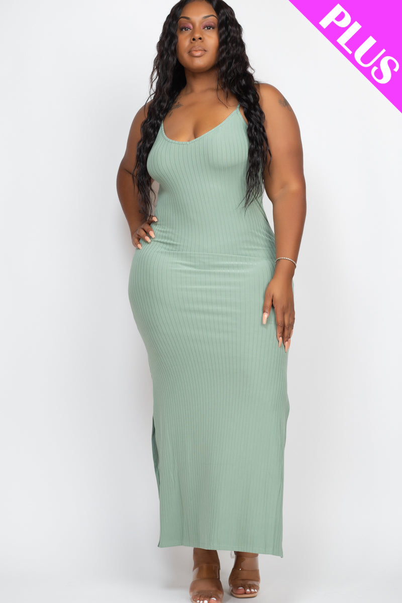 Plus Size Ribbed Side Slit Long Cami Maxi Dress - Capella Apparel Wholesale