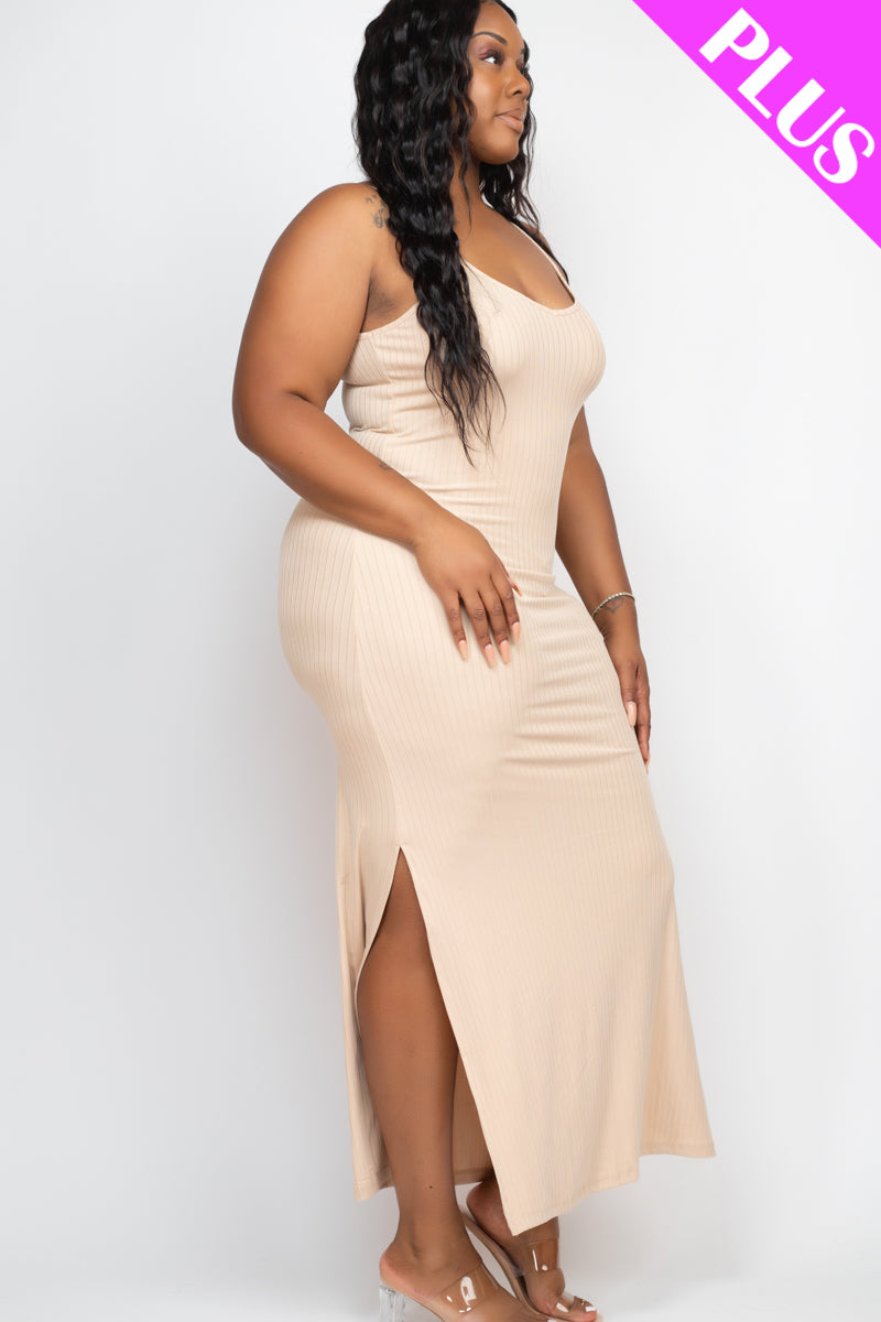 Plus Size Ribbed Side Slit Long Cami Maxi Dress - Capella Apparel Wholesale