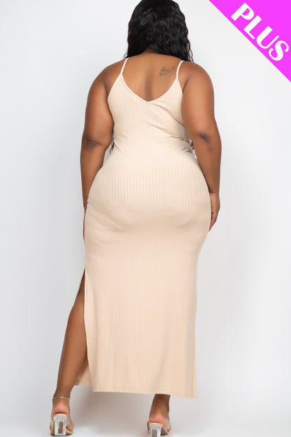 Plus Size Ribbed Side Slit Long Cami Maxi Dress - Capella Apparel Wholesale