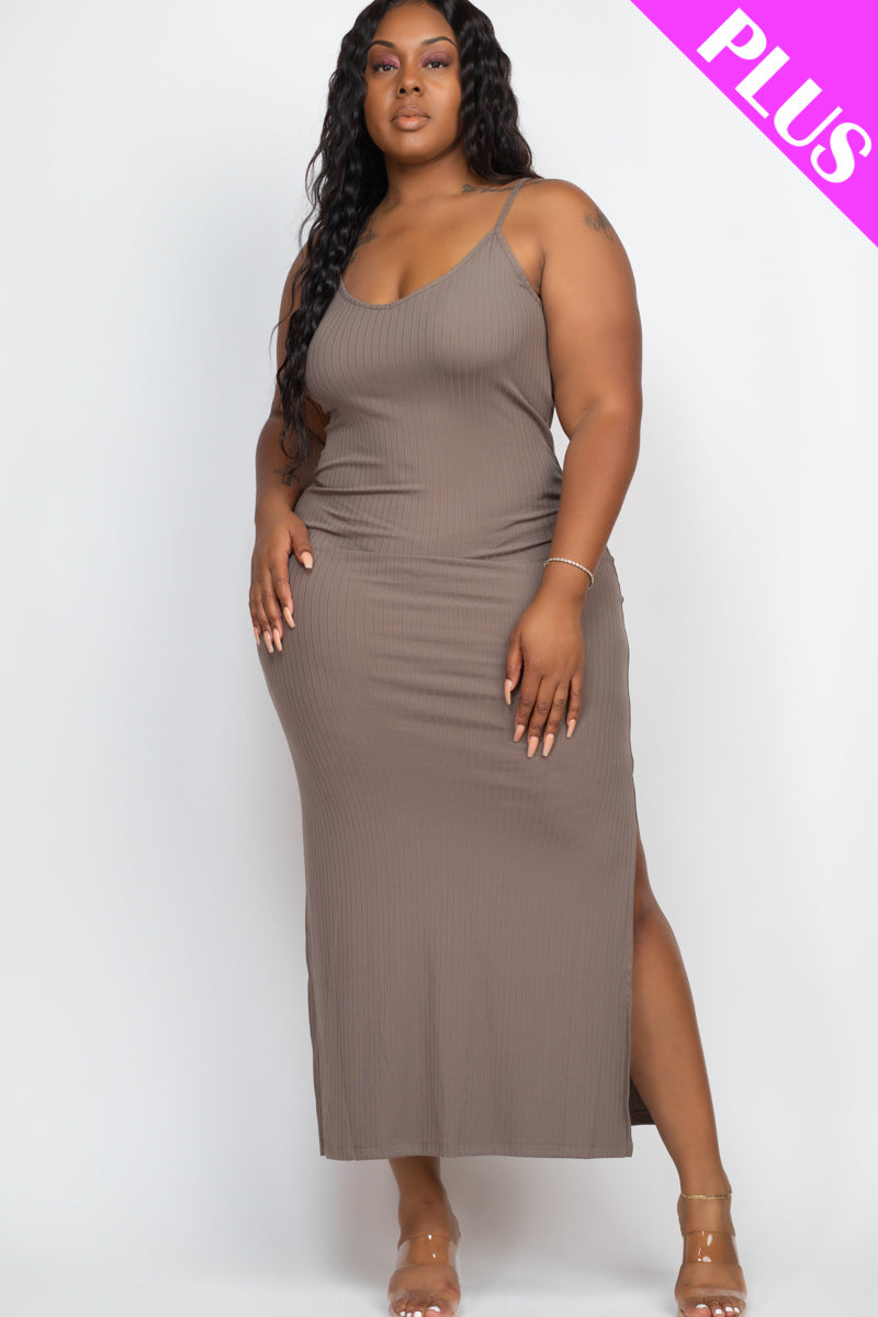 Plus Size Ribbed Side Slit Long Cami Maxi Dress - Capella Apparel Wholesale