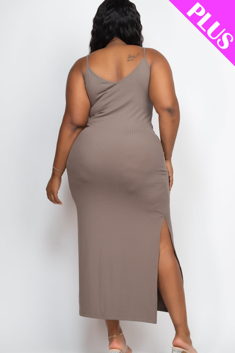 Plus Size Ribbed Side Slit Long Cami Maxi Dress - Capella Apparel Wholesale