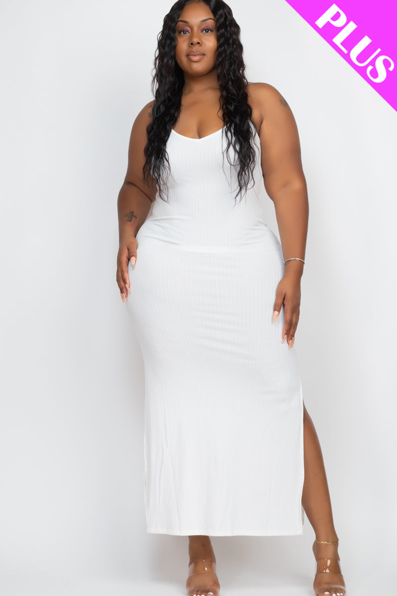 Plus Size Ribbed Side Slit Long Cami Maxi Dress - Capella Apparel Wholesale