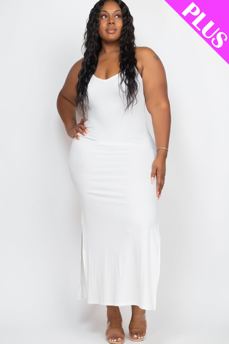 Plus Size Ribbed Side Slit Long Cami Maxi Dress - Capella Apparel Wholesale