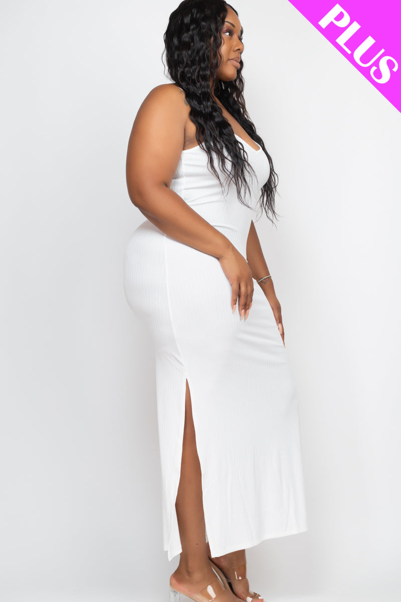 Plus Size Ribbed Side Slit Long Cami Maxi Dress - Capella Apparel Wholesale