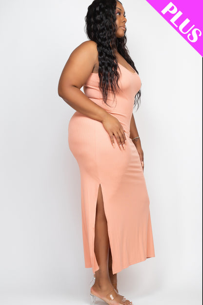 Plus Size Ribbed Side Slit Long Cami Maxi Dress - Capella Apparel Wholesale