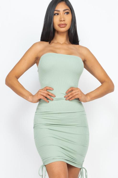 Ribbed Off Shoulder Ruched Drawstring Bodycon Mini Dress - Wholesale Capella Apparel