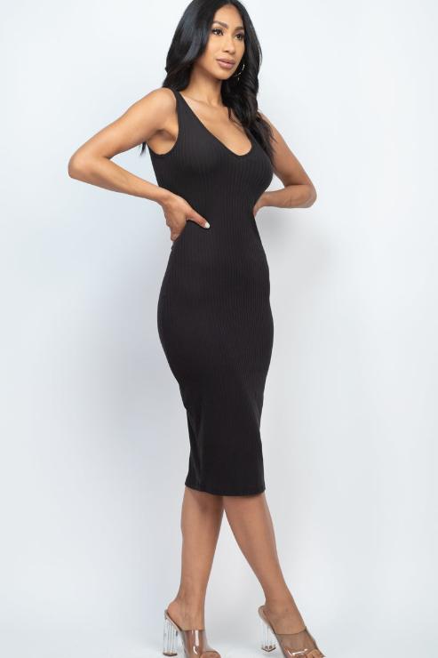 Ribbed Back Slit Bodycon Midi Dress - Wholesale Capella Apparel