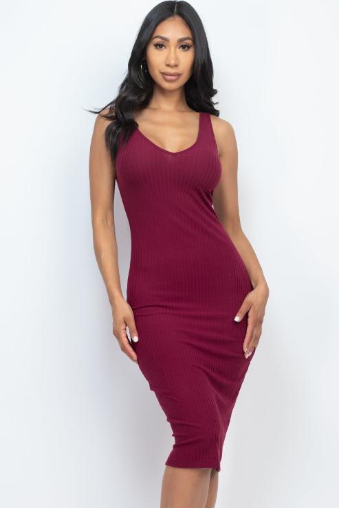 Ribbed Back Slit Bodycon Midi Dress - Wholesale Capella Apparel