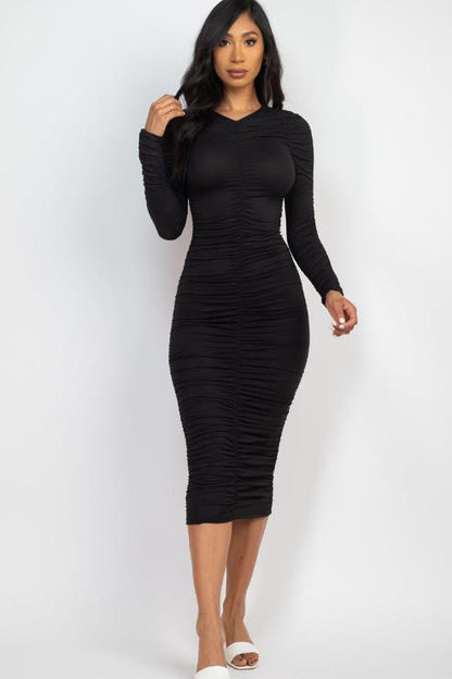 Ruched Long Sleeve Midi Dress - Capella Apparel