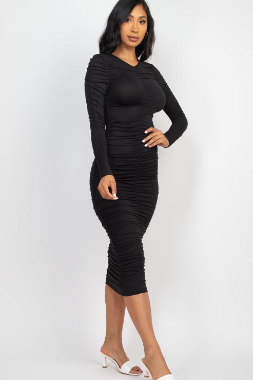 Ruched Long Sleeve Midi Dress - Capella Apparel