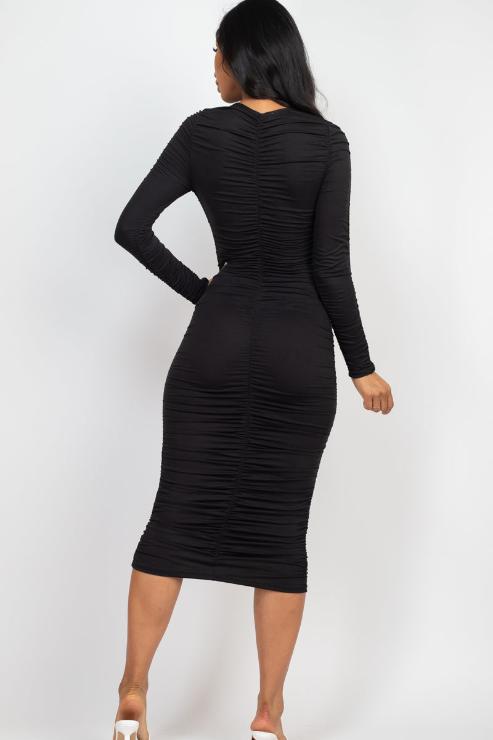 Ruched Long Sleeve Midi Dress - Capella Apparel